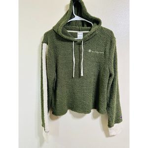 Champion Women's Fuzzy Olive Green Cropped Hoodie with Embroidered Logo, Size L